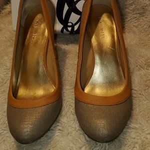 Nine West Gold and Natural Pumps